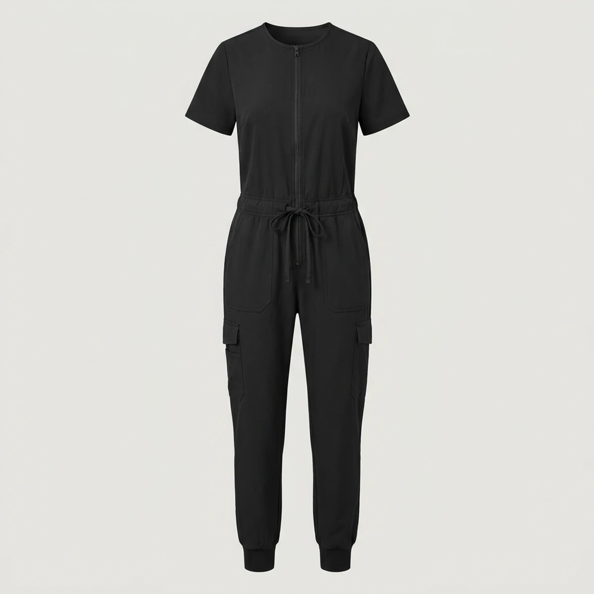 Black zip-front scrub jumpsuit with two-way zipper and cargo pockets