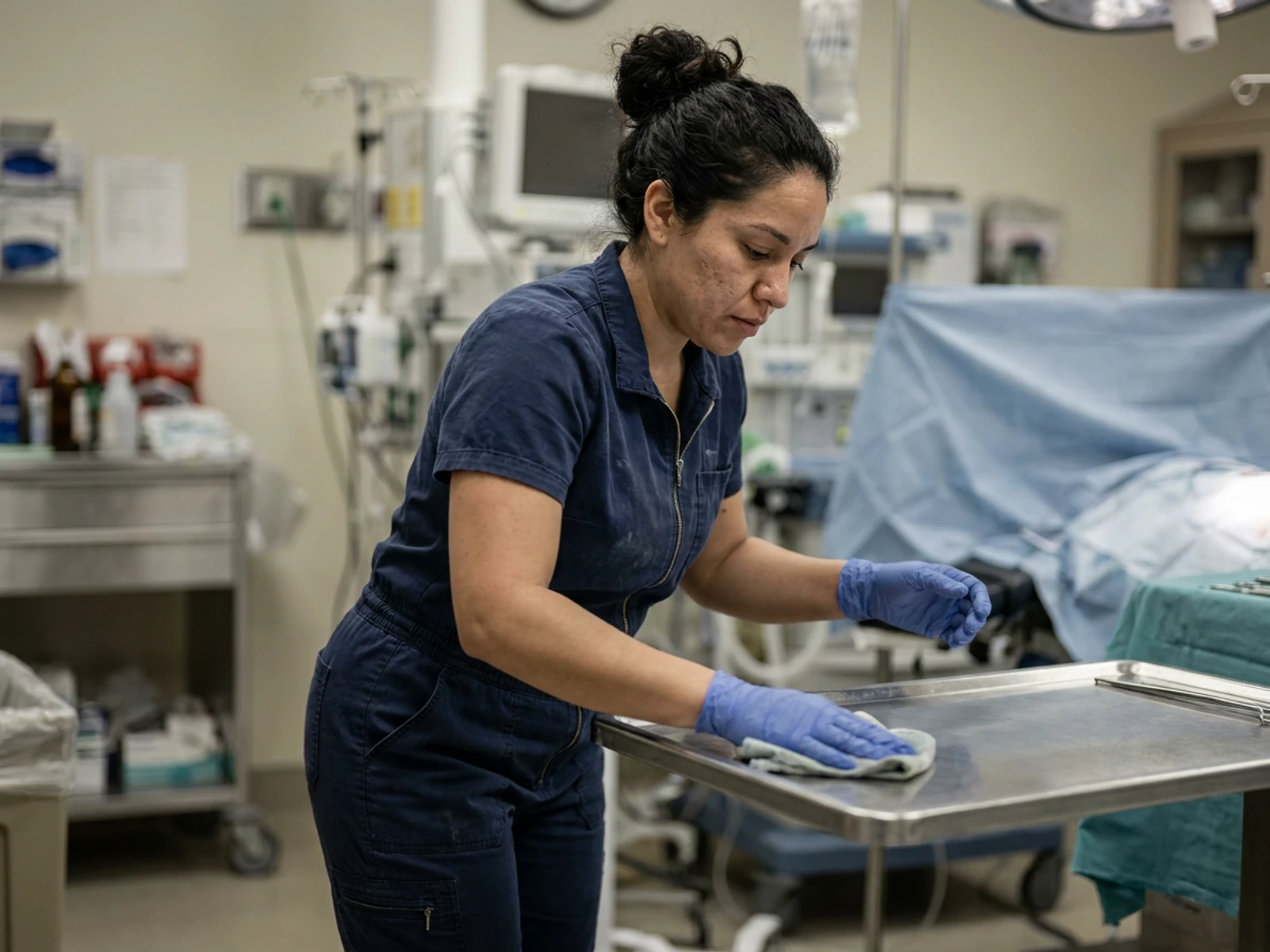 Surgical technologist in a navy zip-front scrub jumpsuit preparing an operating room