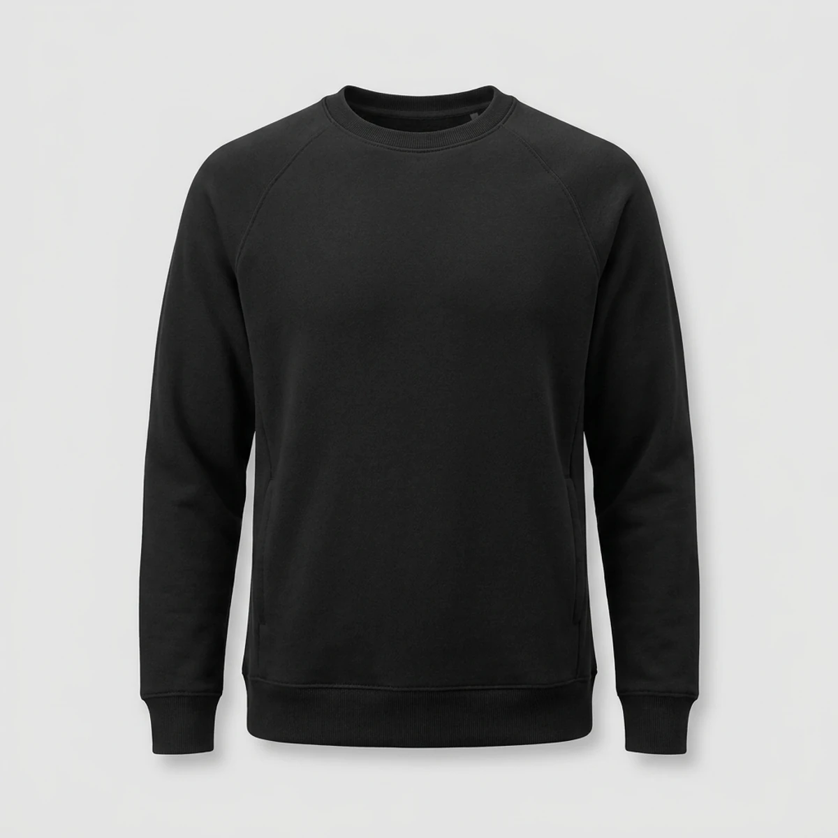 Black crewneck scrub sweatshirt with raglan sleeves and side pockets