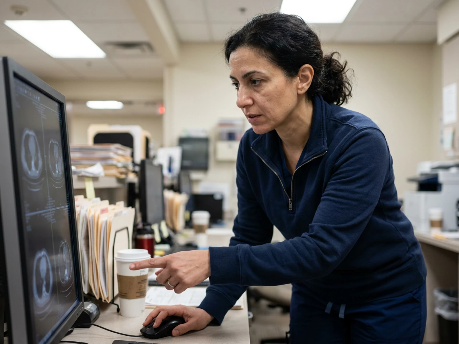 Physician in a navy quarter-zip scrub sweatshirt reviewing scans at a workstation