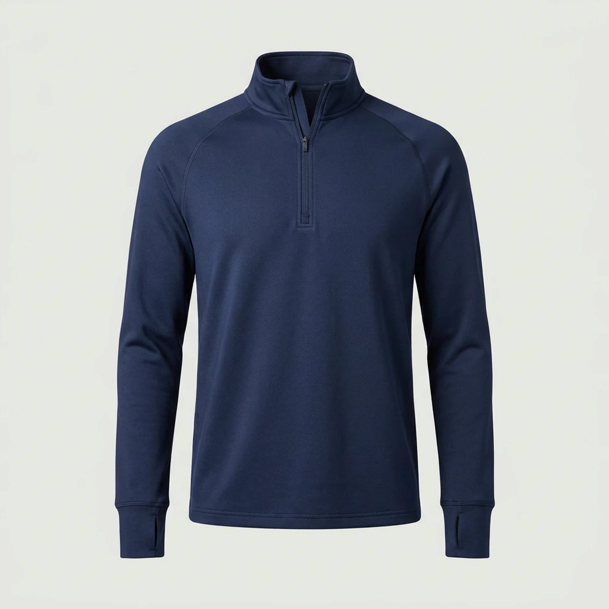 Navy quarter-zip scrub sweatshirt with stand collar and thumbhole cuffs