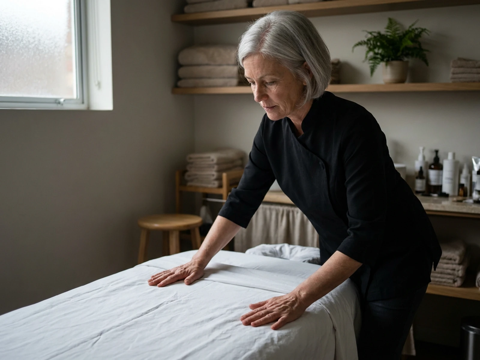 Massage therapist in a black mandarin-collar tunic smoothing a sheet on a massage table in a spa treatment room