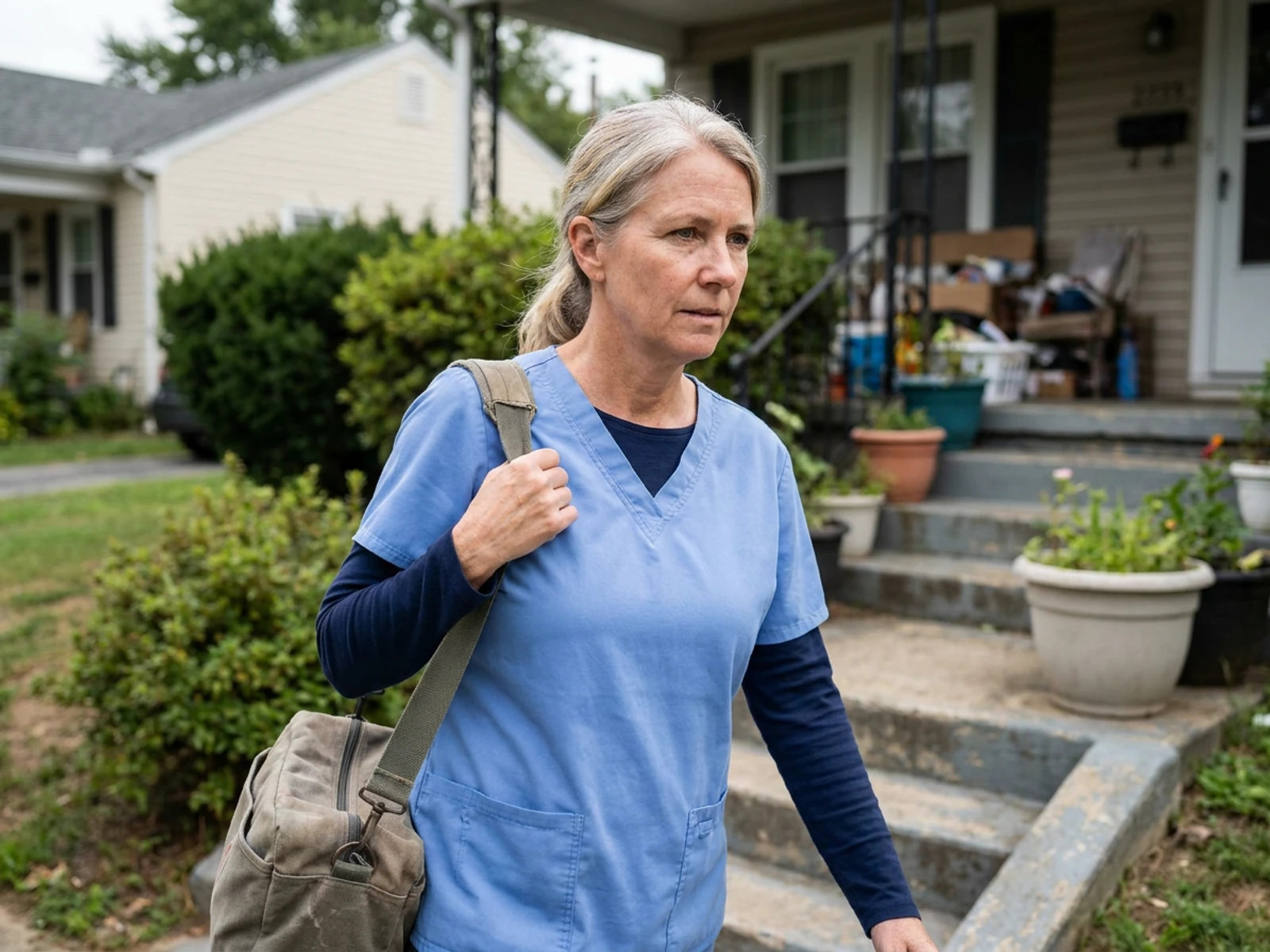 Home health aide in a navy mock neck underscrub carrying a medical bag up porch steps