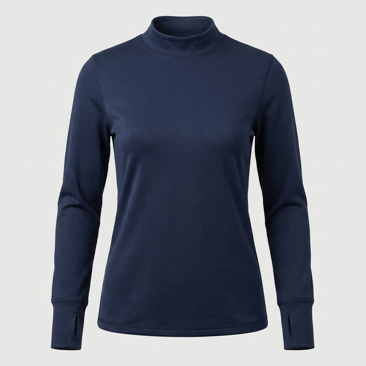 Navy mock neck long-sleeve underscrub with soft collar and thumbholes