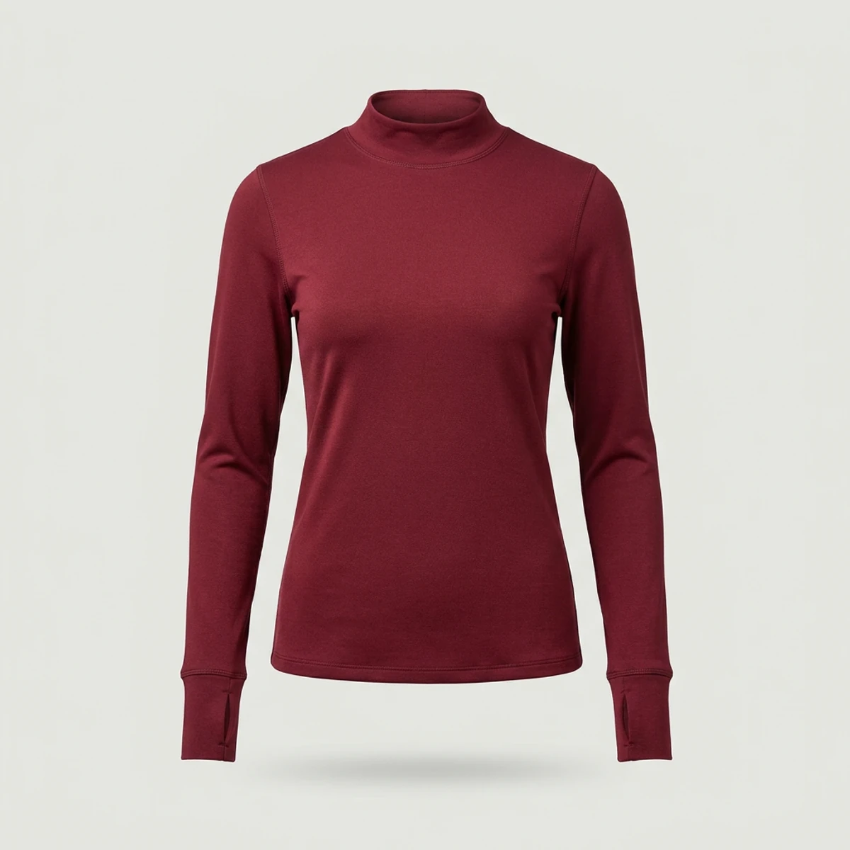 Wine colored mock neck underscrub with long sleeves and brushed interior