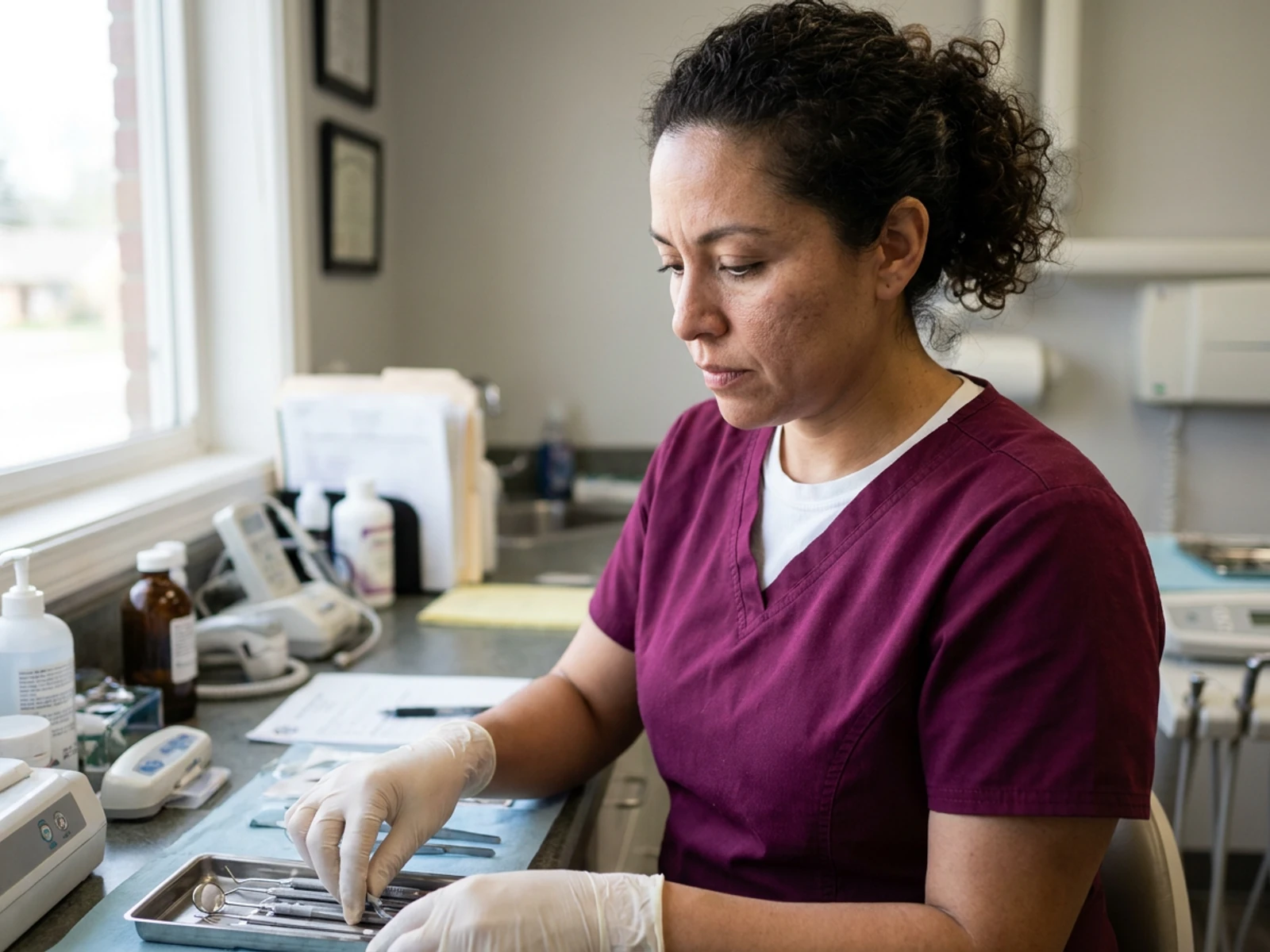 Dental assistant wearing a white undershirt under a scrub top preparing a dental tray