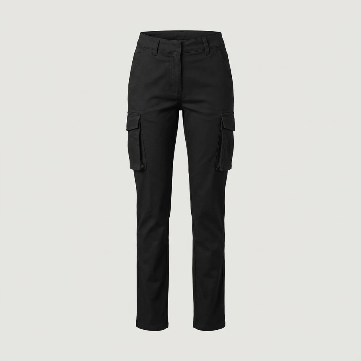 Black women's cargo work pants with flap thigh pockets set higher on the leg