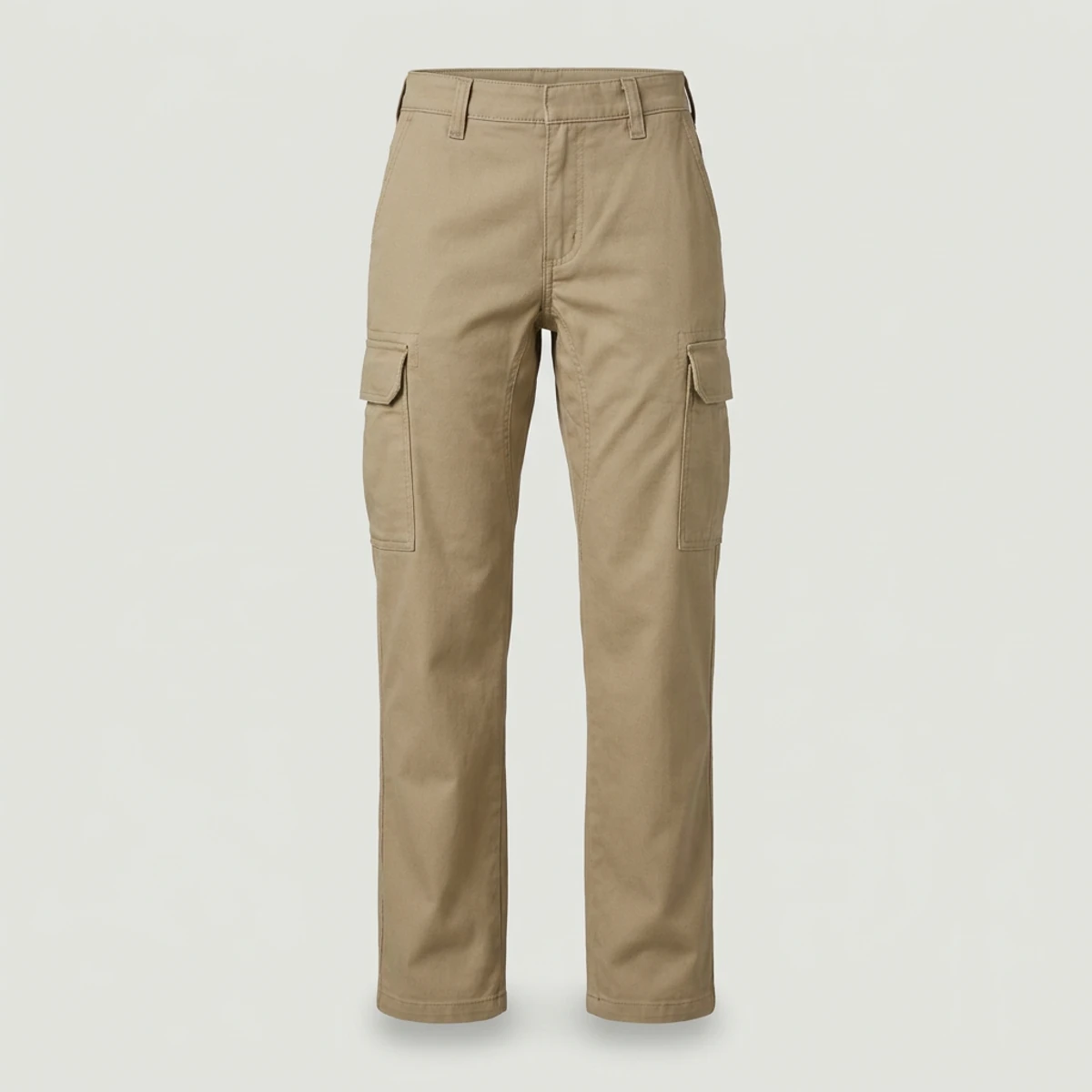 Khaki women's cargo work pants with hook-and-loop flap pockets and gusset