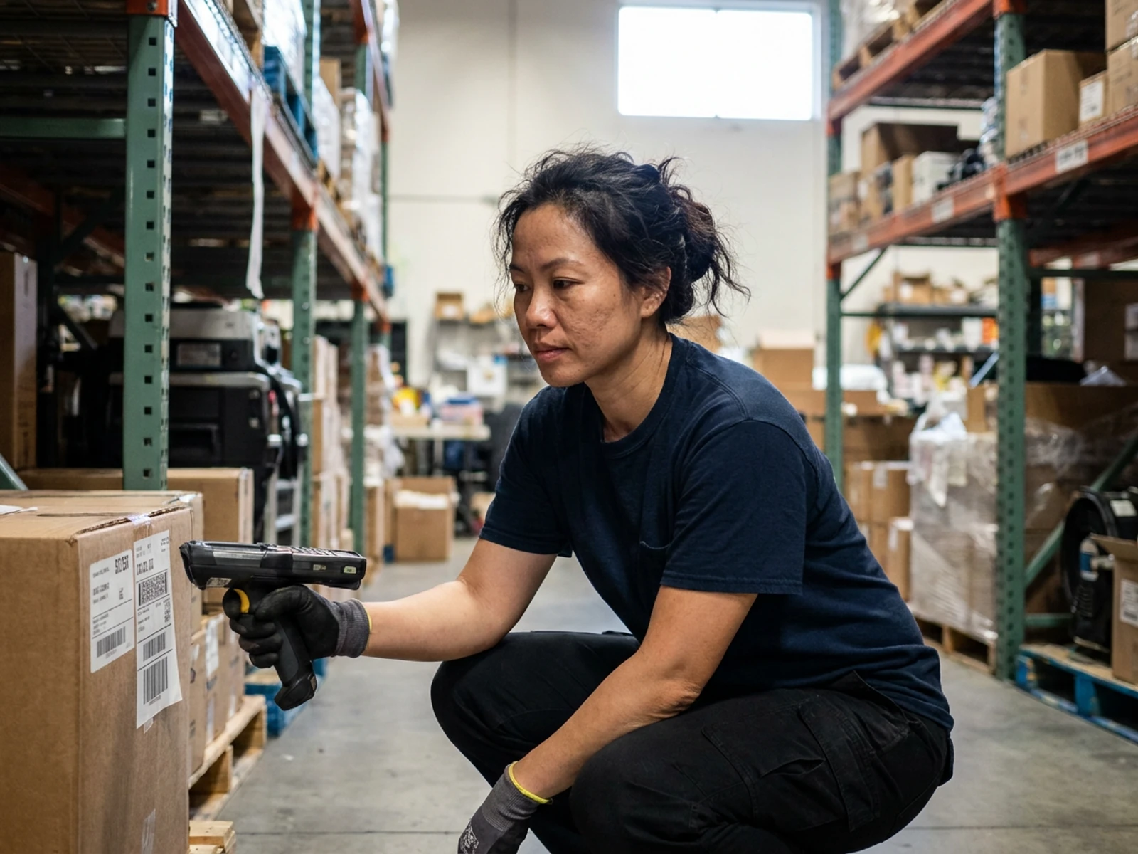 Warehouse team lead in black women's cargo pants scanning a pallet label between racks