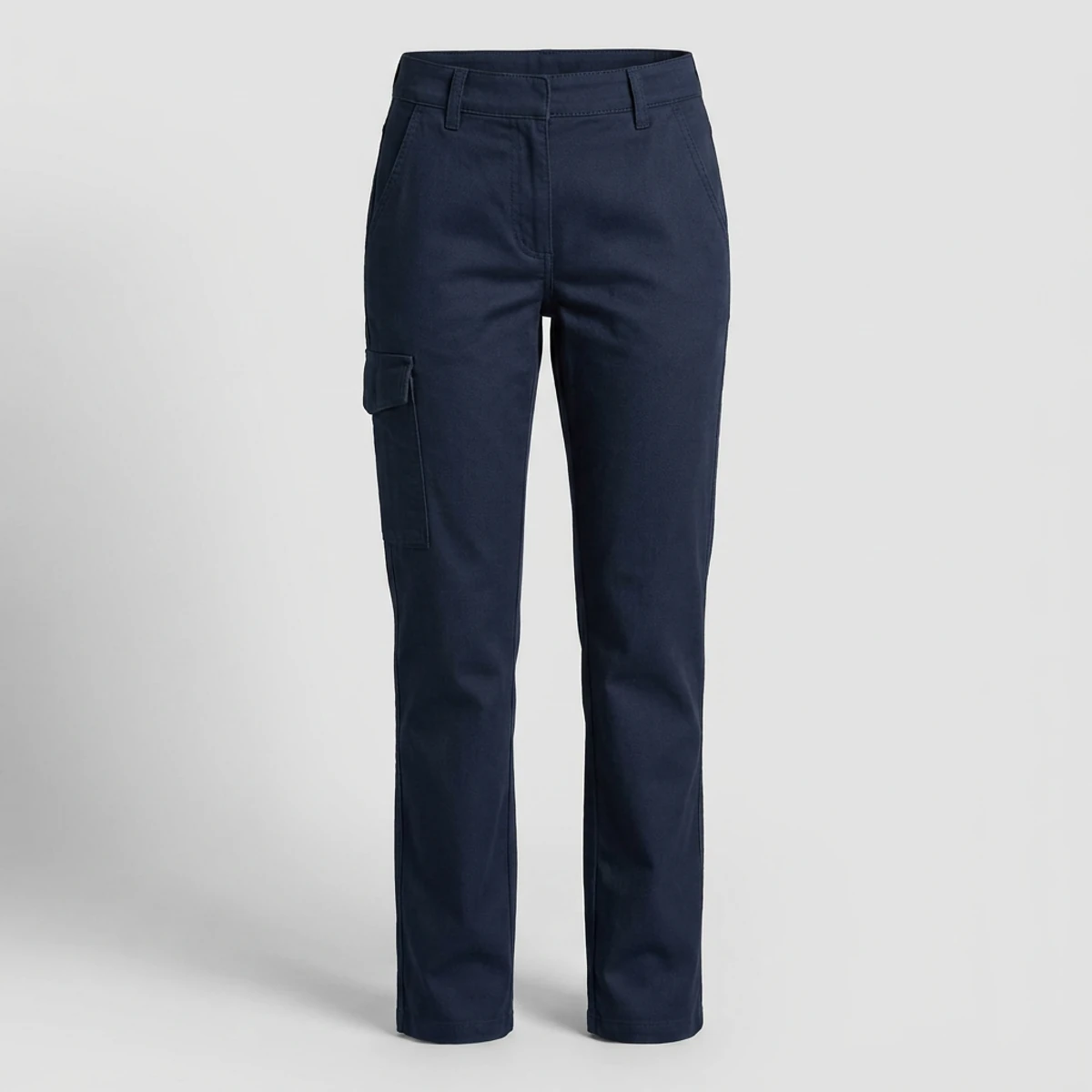 Navy women's cargo work pants with deep front pockets and phone pocket