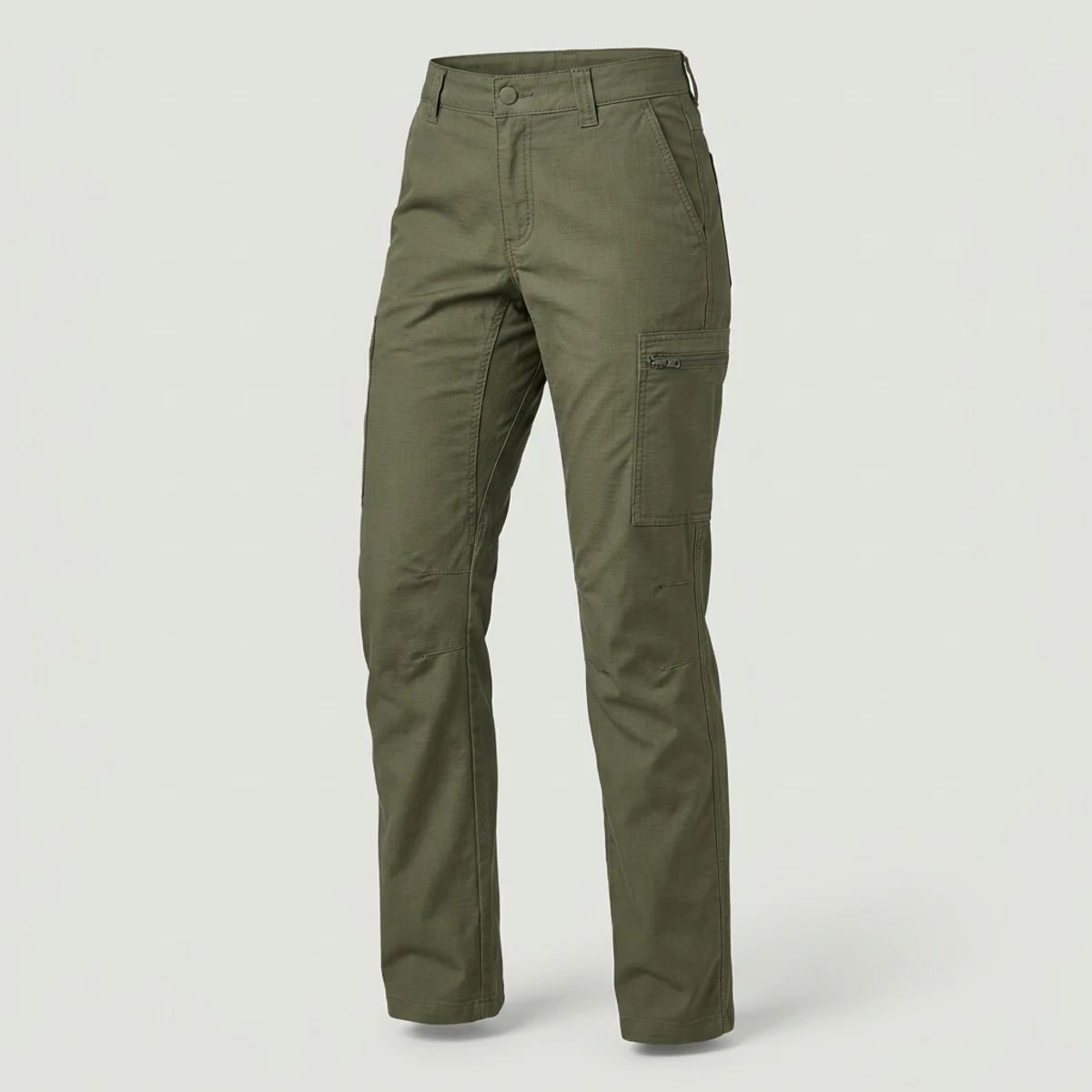 Olive green women's ripstop cargo work pants with zippered thigh pocket