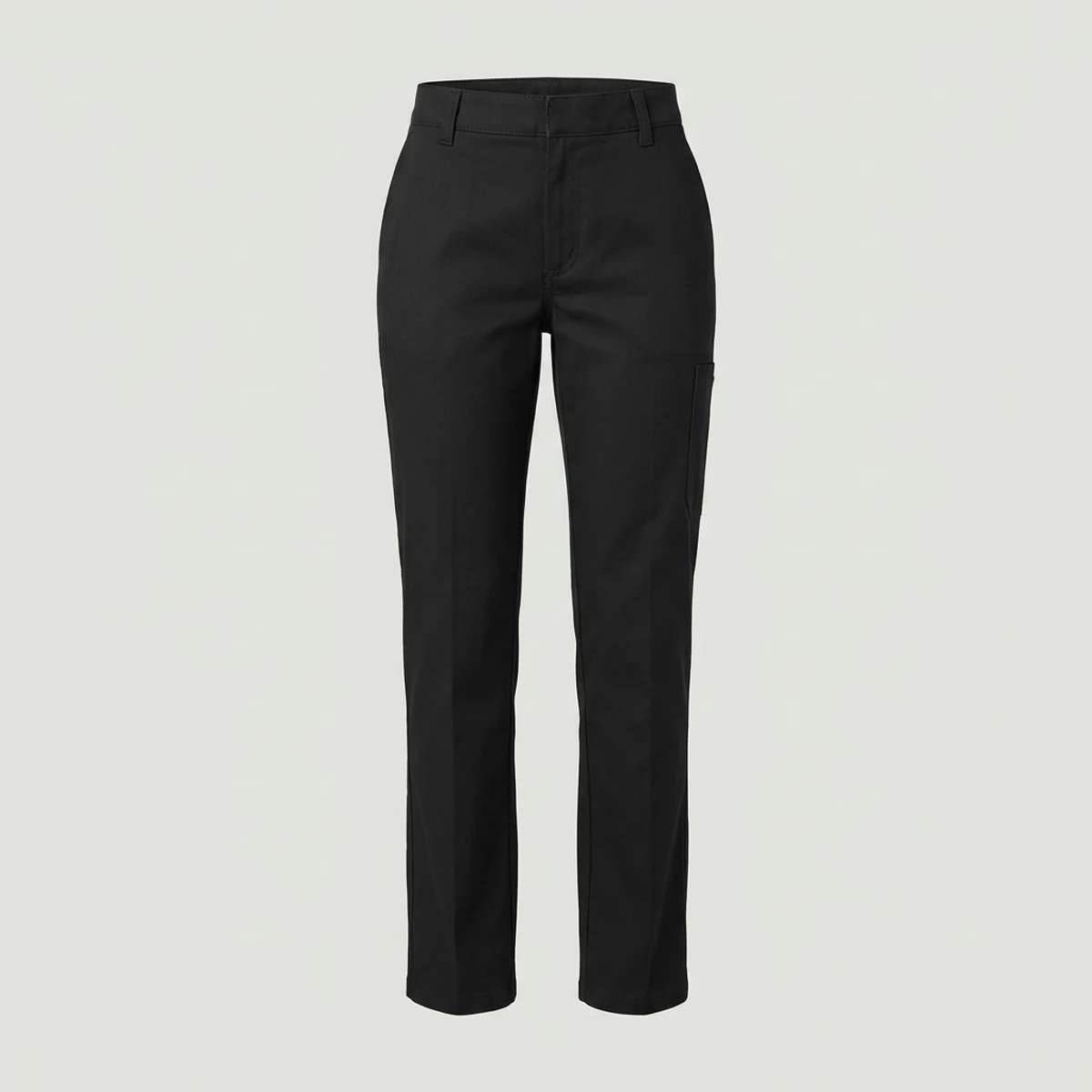 Black women's flat-front work pants with side-seam phone pocket and straight leg