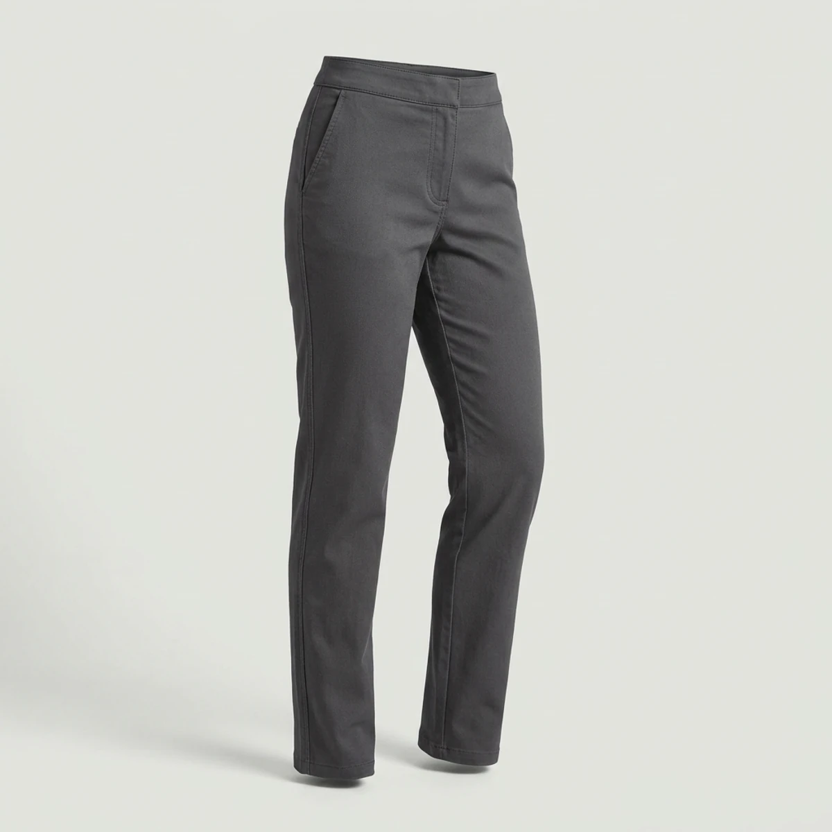 Charcoal grey women's flat-front work pants with higher rise and slim straight leg