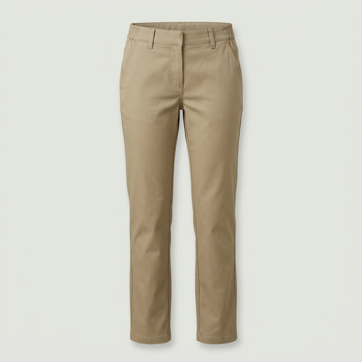 Khaki women's flat-front work pants with partial elastic waist sides and slant pockets