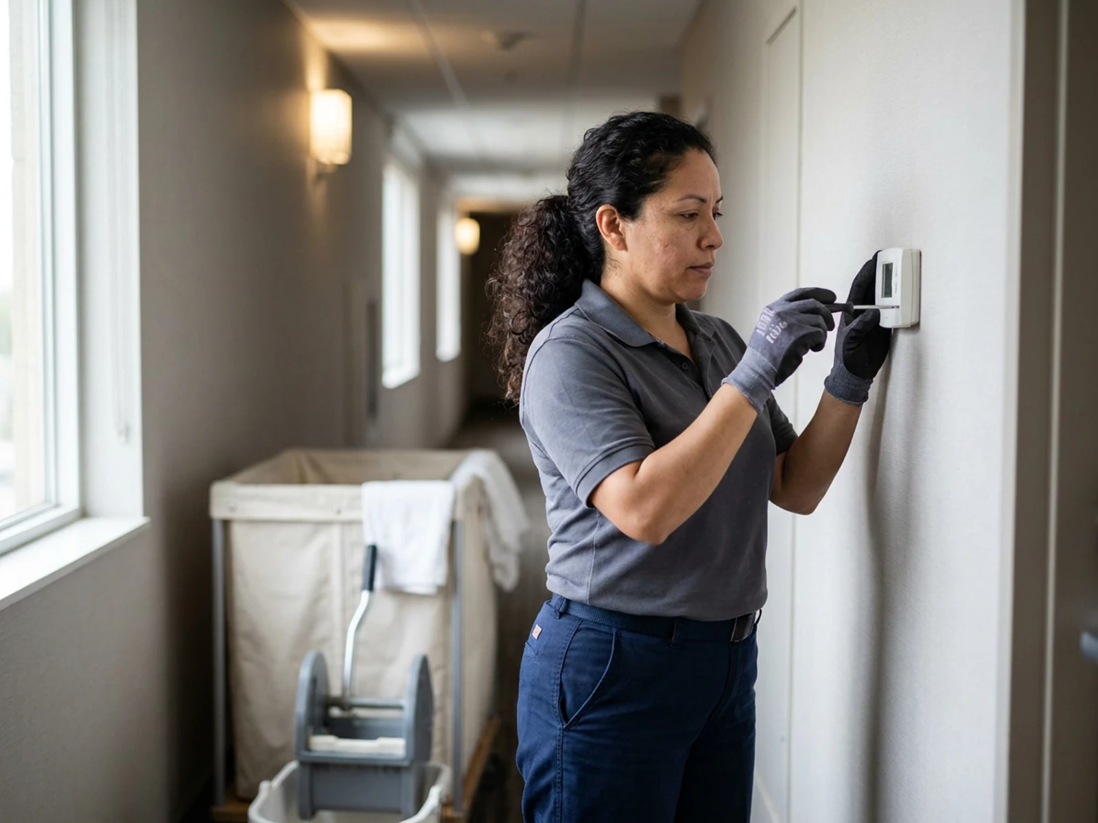 Hotel maintenance engineer in navy women's work pants checking a thermostat in a hallway