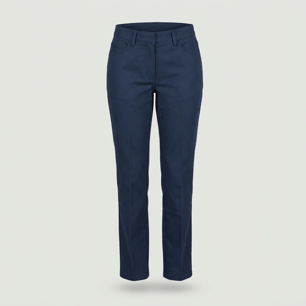 Navy women's flat-front work pants with contoured waistband, slant pockets and straight leg