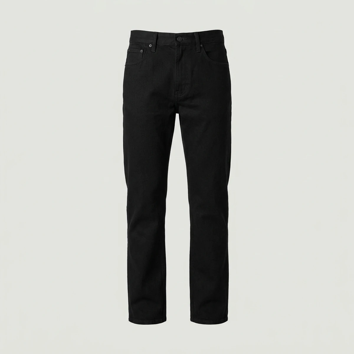 Black denim five-pocket work jeans with tonal stitching and rivets