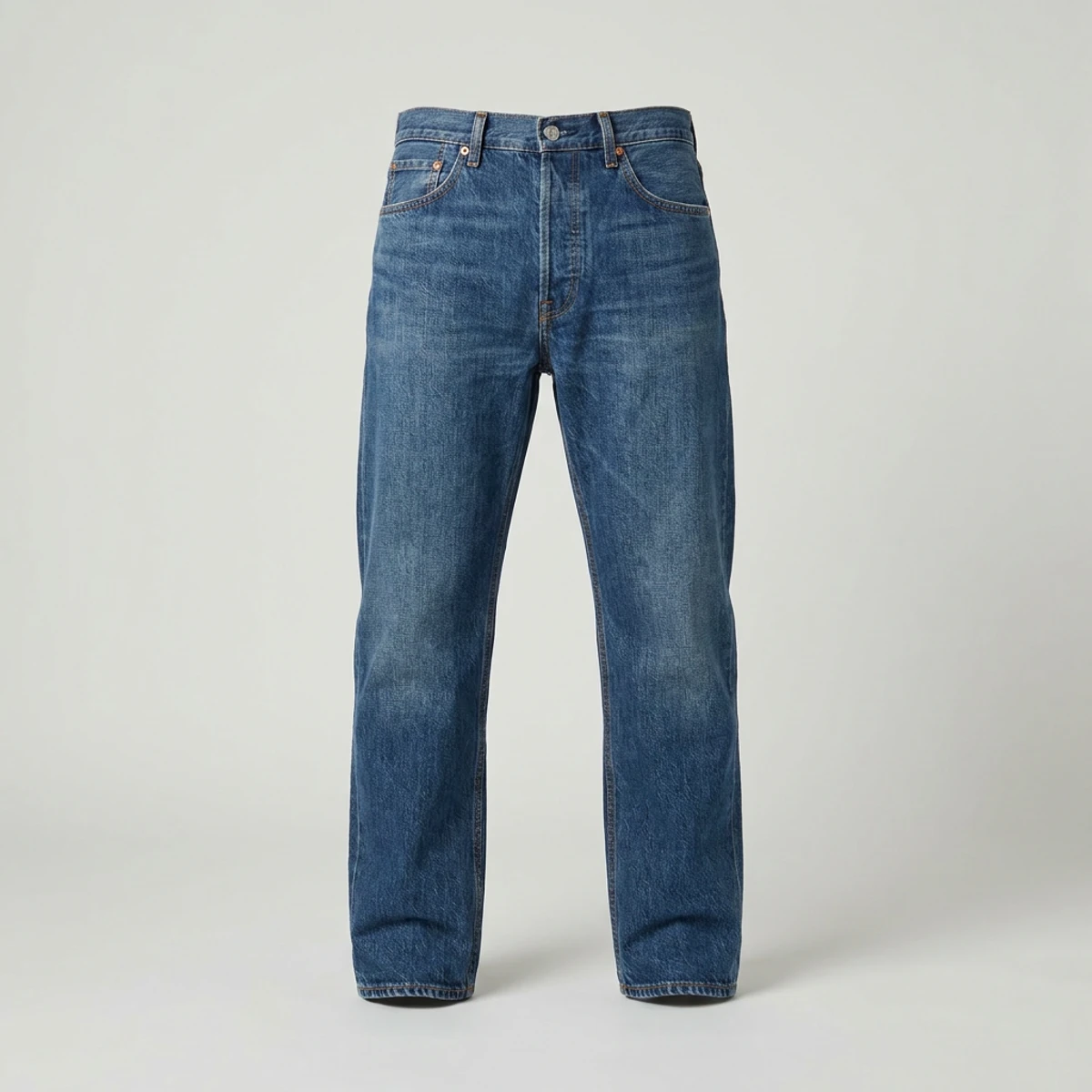 Mid-wash indigo relaxed fit work jeans with reinforced seat