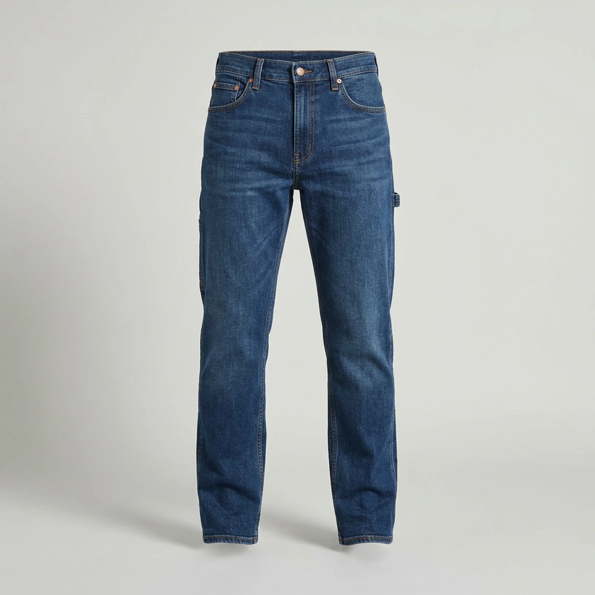 Indigo stretch denim work jeans with phone pocket and gusset
