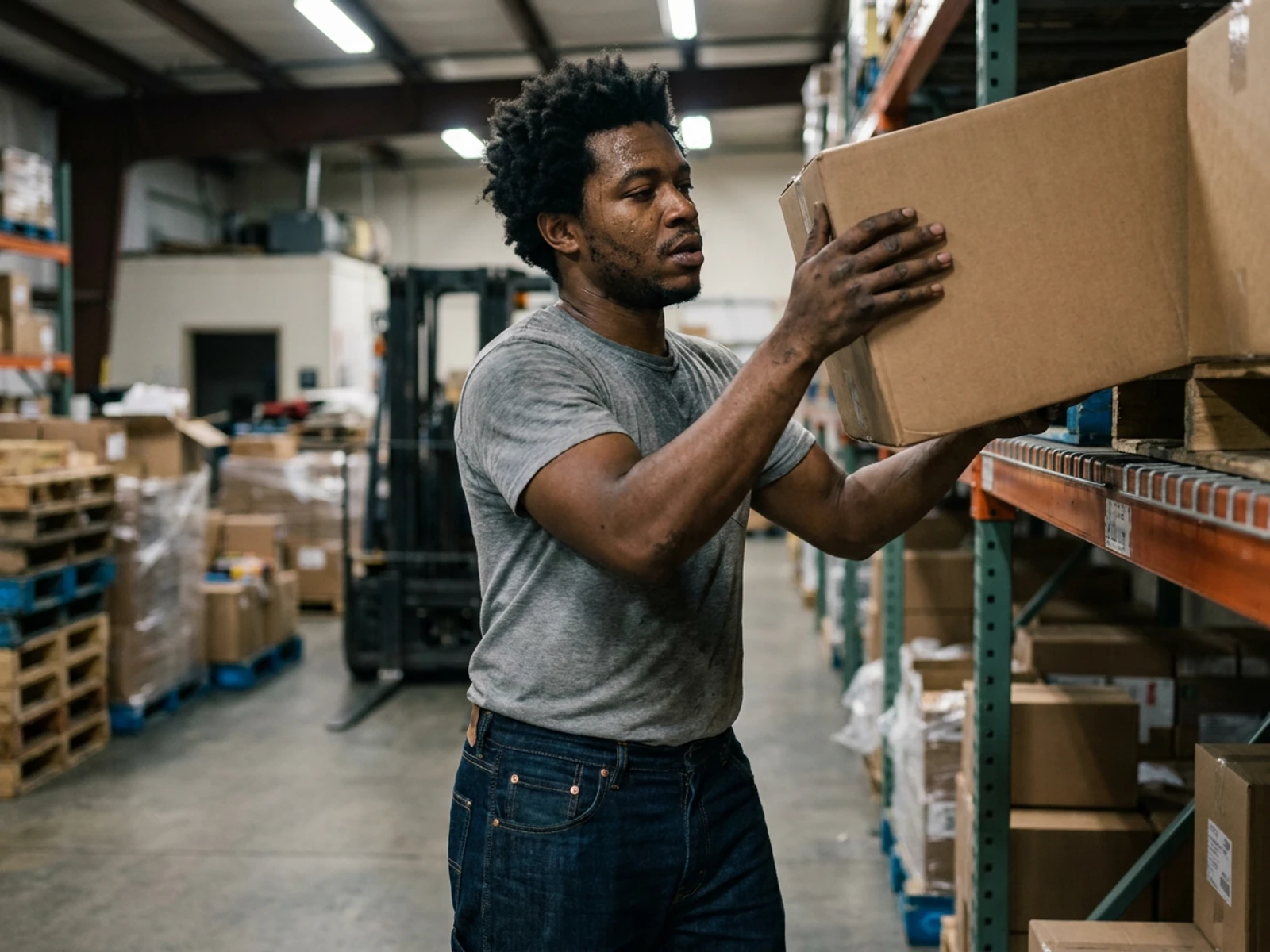 Warehouse worker in dark indigo work jeans lifting a box onto a shelf