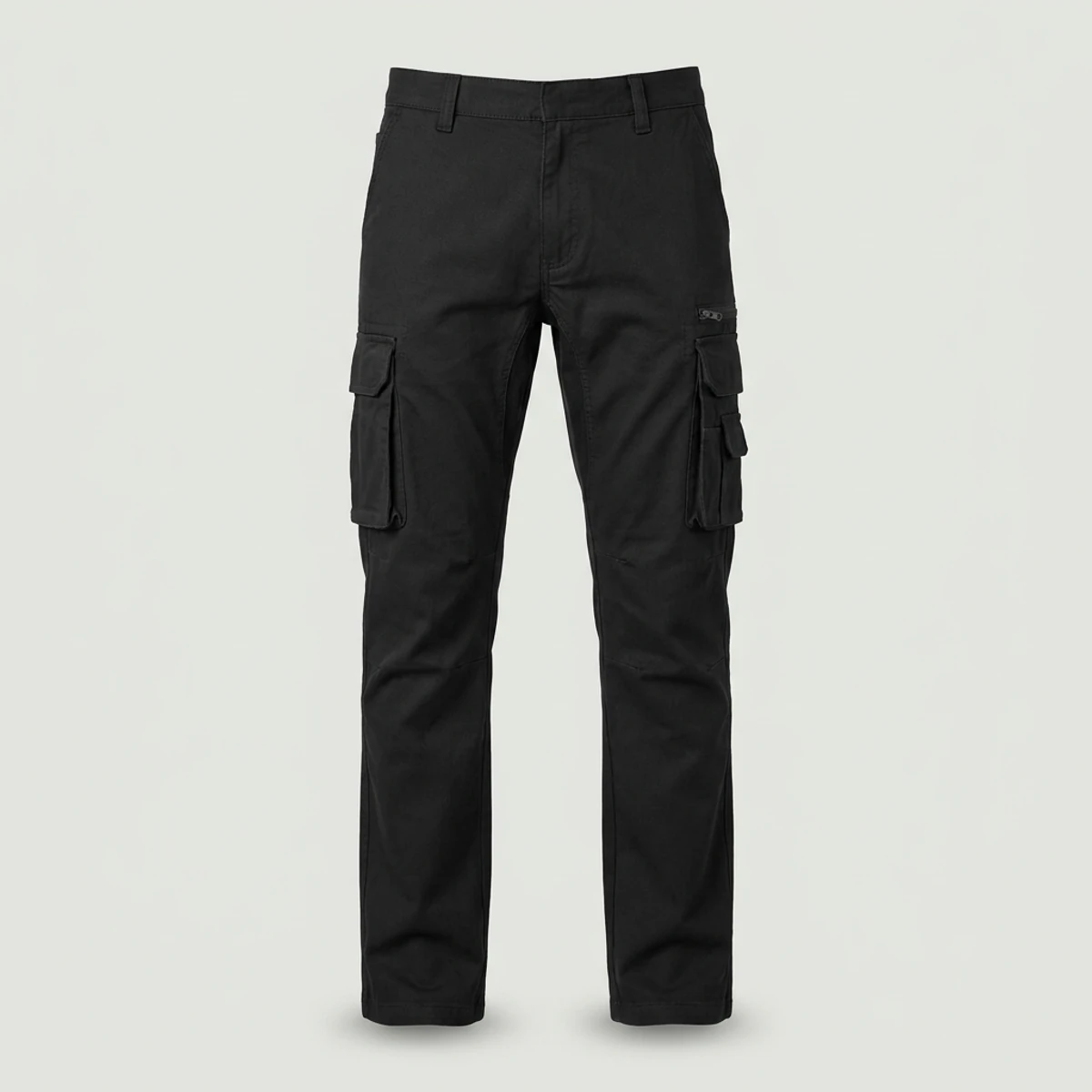 Black cargo work pants with zip phone pocket and gusset