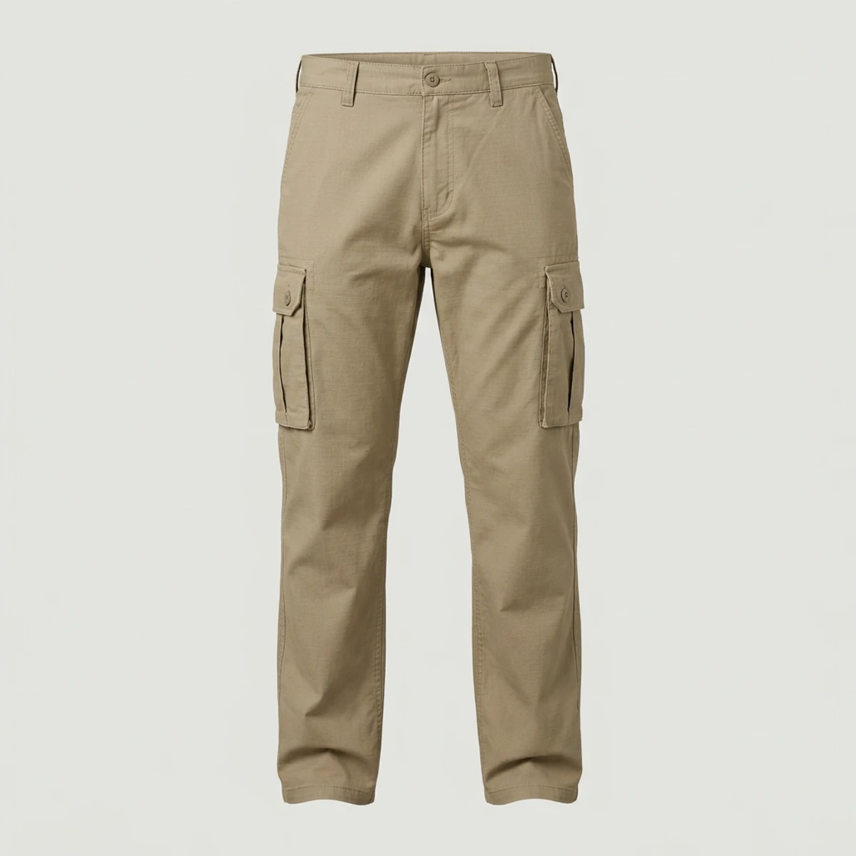 Khaki cargo work pants with bellows thigh pockets and flaps
