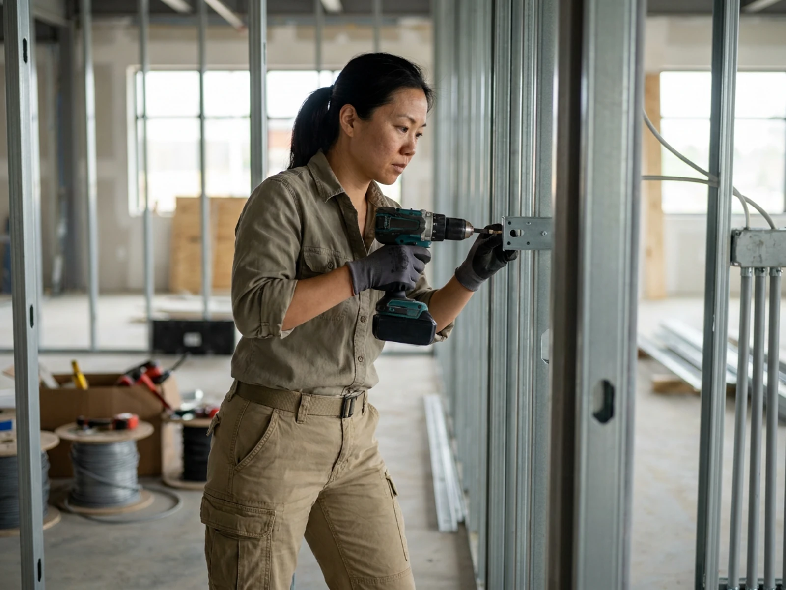 Installer in khaki cargo work pants mounting a bracket on a commercial wall