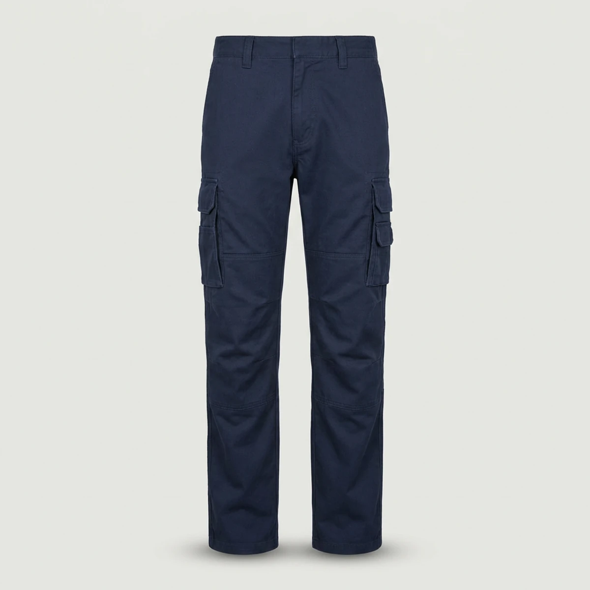 Navy cargo work pants with hook-and-loop flap pockets