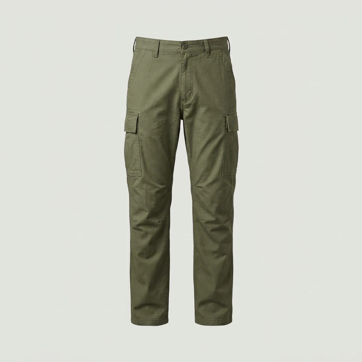 Olive green cargo work pants with ripstop fabric and side pockets