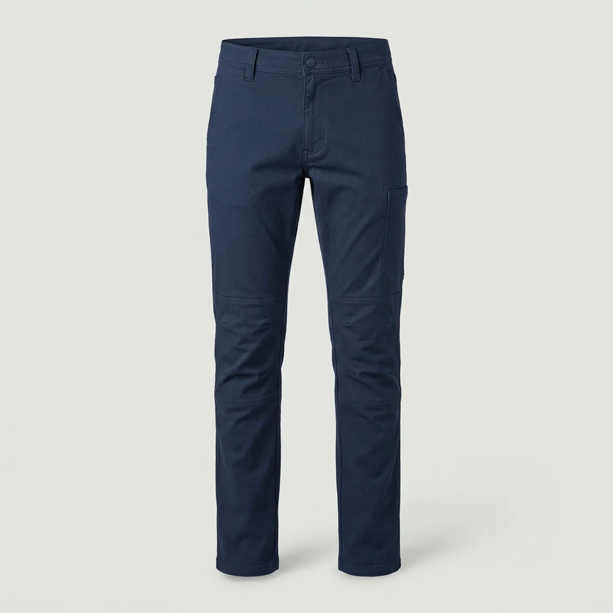 Navy stretch work pants with slim straight leg and phone pocket