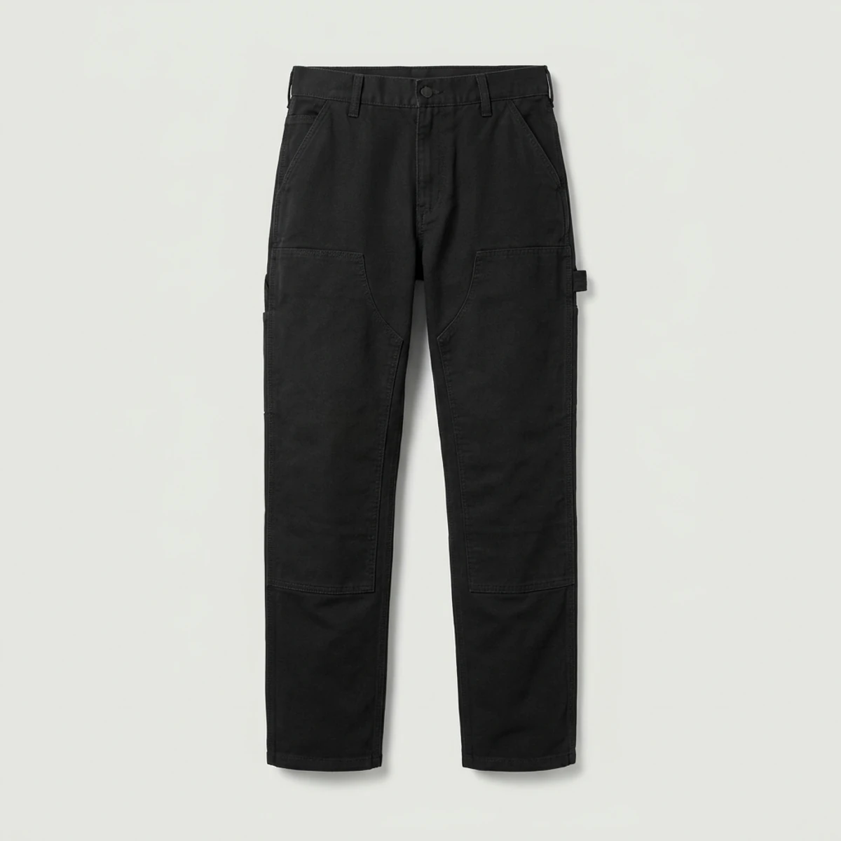 Black utility work pants with reinforced knees and side tool pockets
