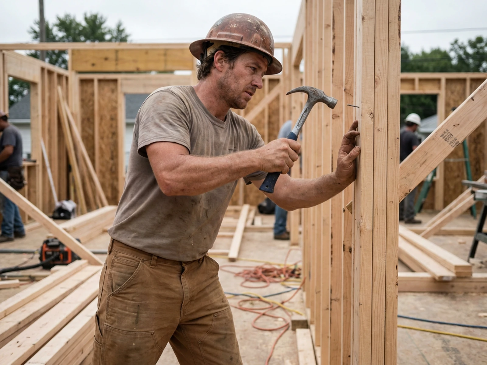 Construction framer in brown double-knee utility pants nailing a wall frame