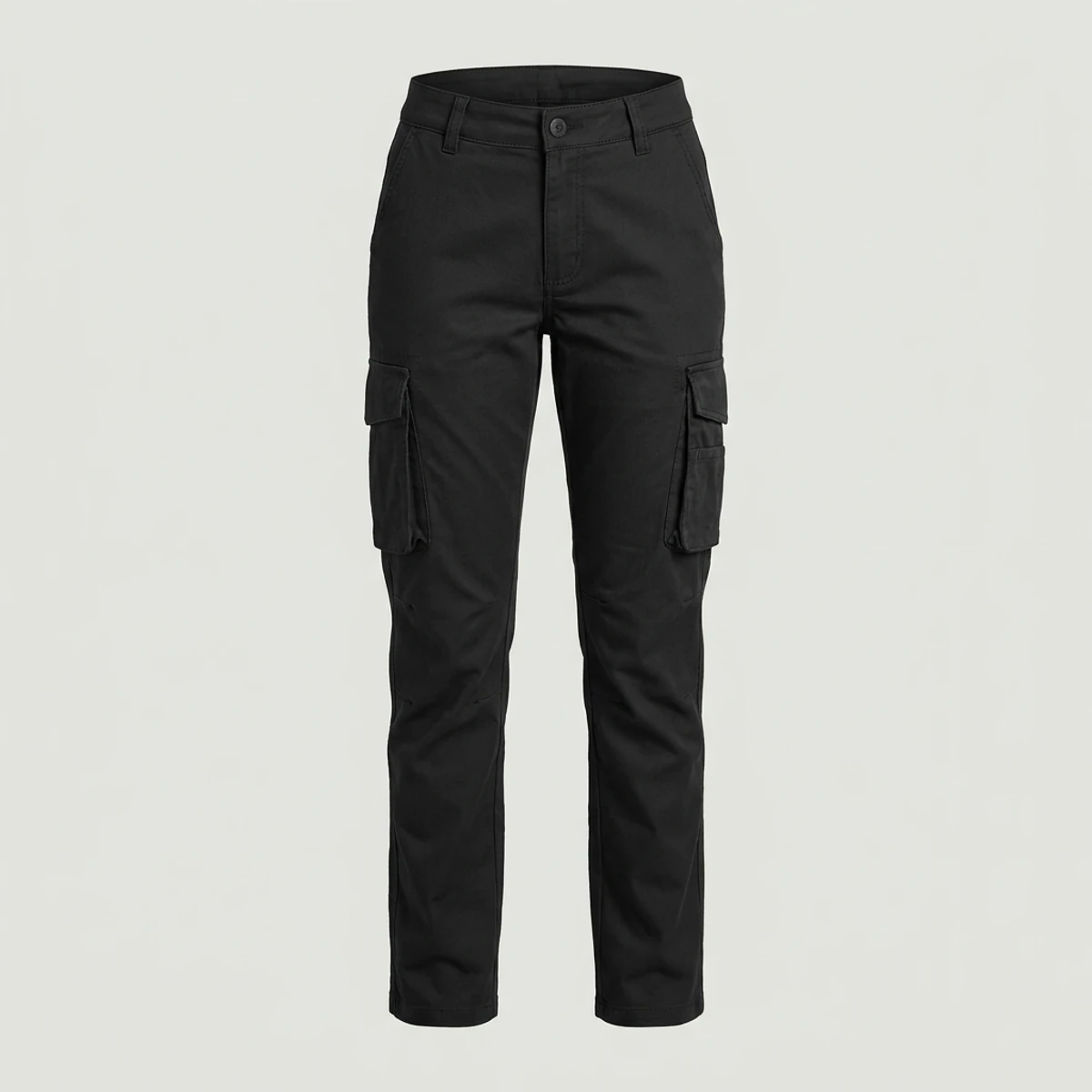 Black women's cargo work pants with contoured waist and gusset