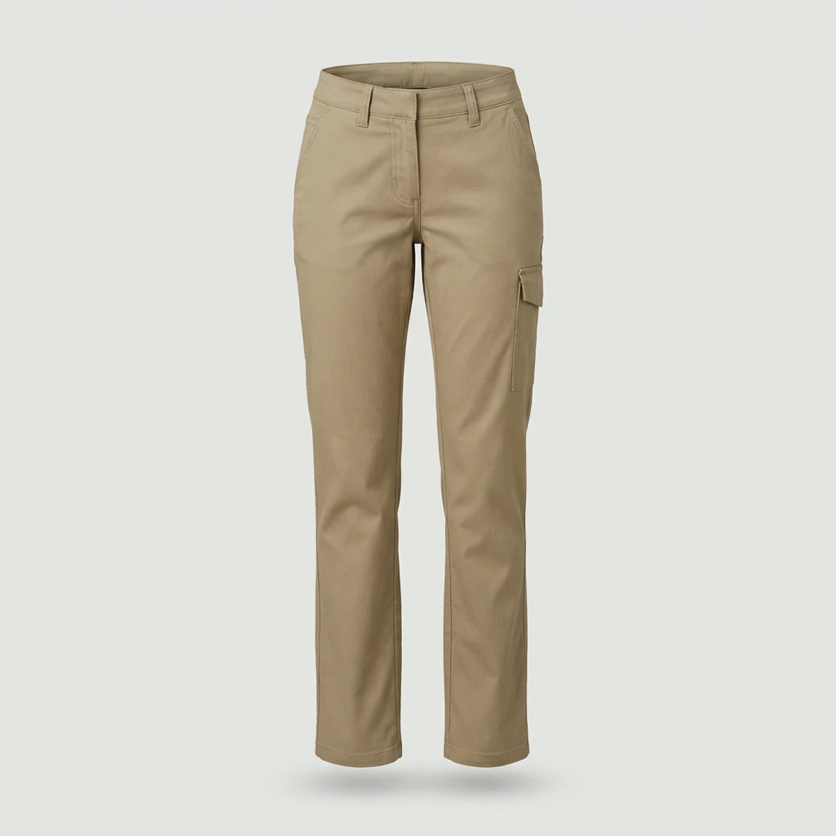 Khaki women's-cut work pants with contoured waist and cargo pocket