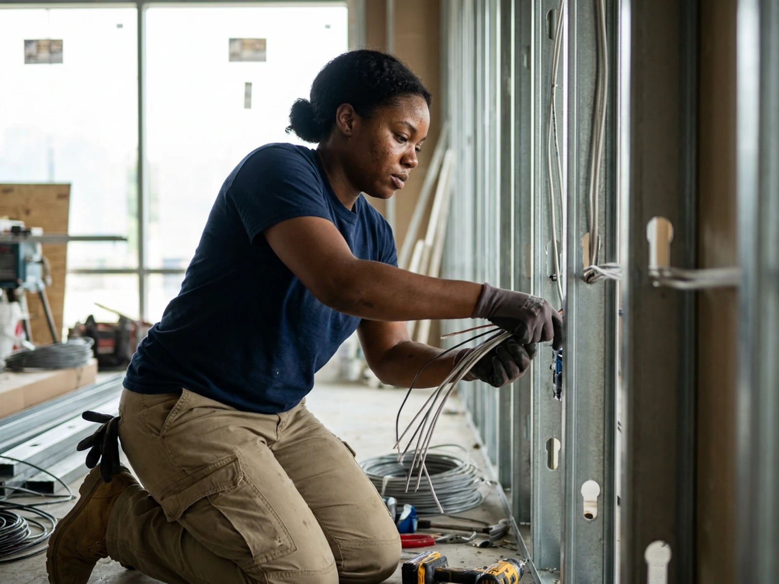 Electrician in khaki women's-cut work pants pulling wire on a job site