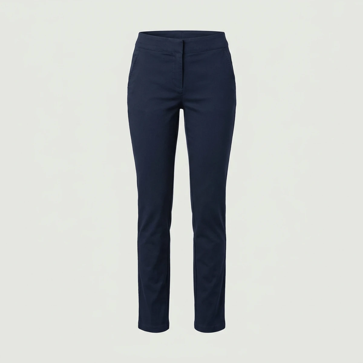 Navy women's flat-front work pants with stretch and slim leg
